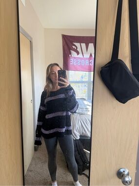 Allie & Rob Black Sweater with Purple Stripes - Women's Crew Neck Pullover